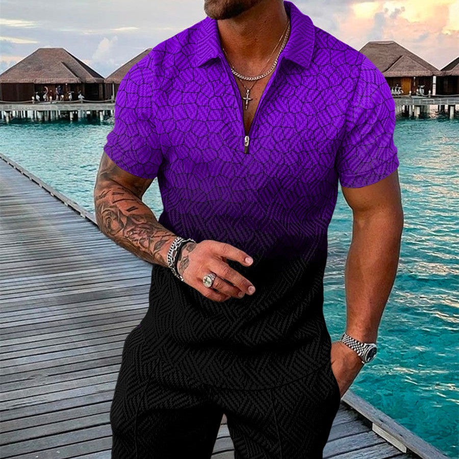 Men's Summer Fashion 3D Printed Short Sleeve Geometric Zip Lapel Shirt Set