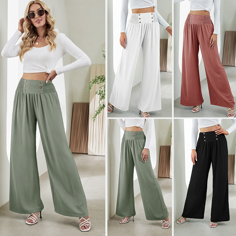 Fashion Straight Wide Leg Pants Elastic High Waist Casual Trousers For Women