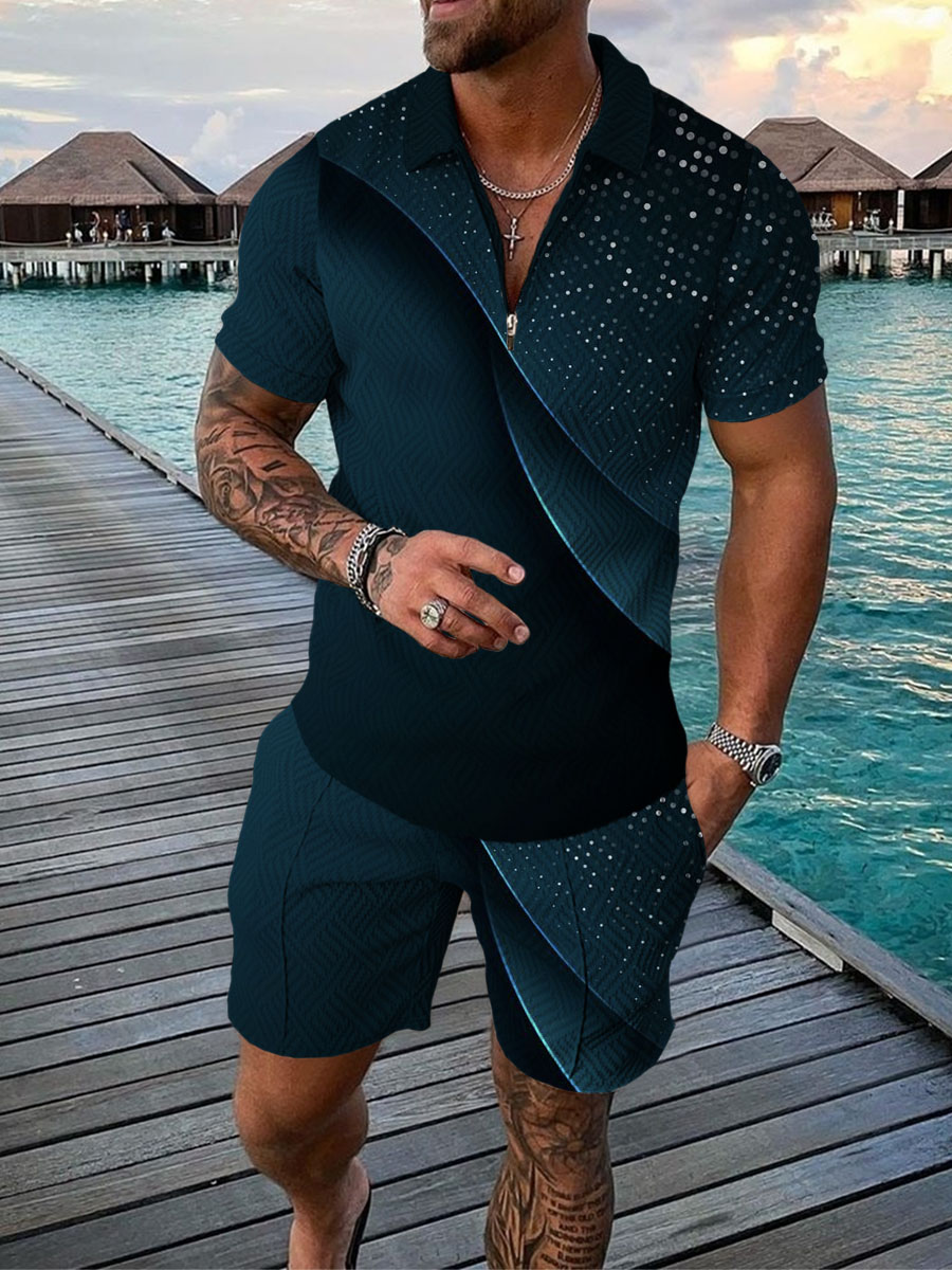 Men's Summer Fashion 3D Printed Short Sleeve Geometric Zip Lapel Shirt Set