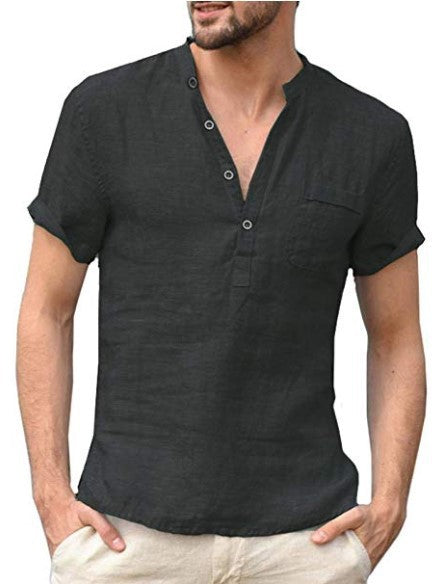 Men's Casual Linen Solid Color Shirt Button V Neck Beach Shirt Summer Tops