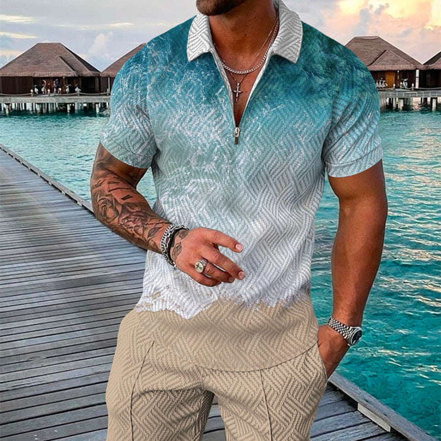 Men's Summer Fashion 3D Printed Short Sleeve Geometric Zip Lapel Shirt Set