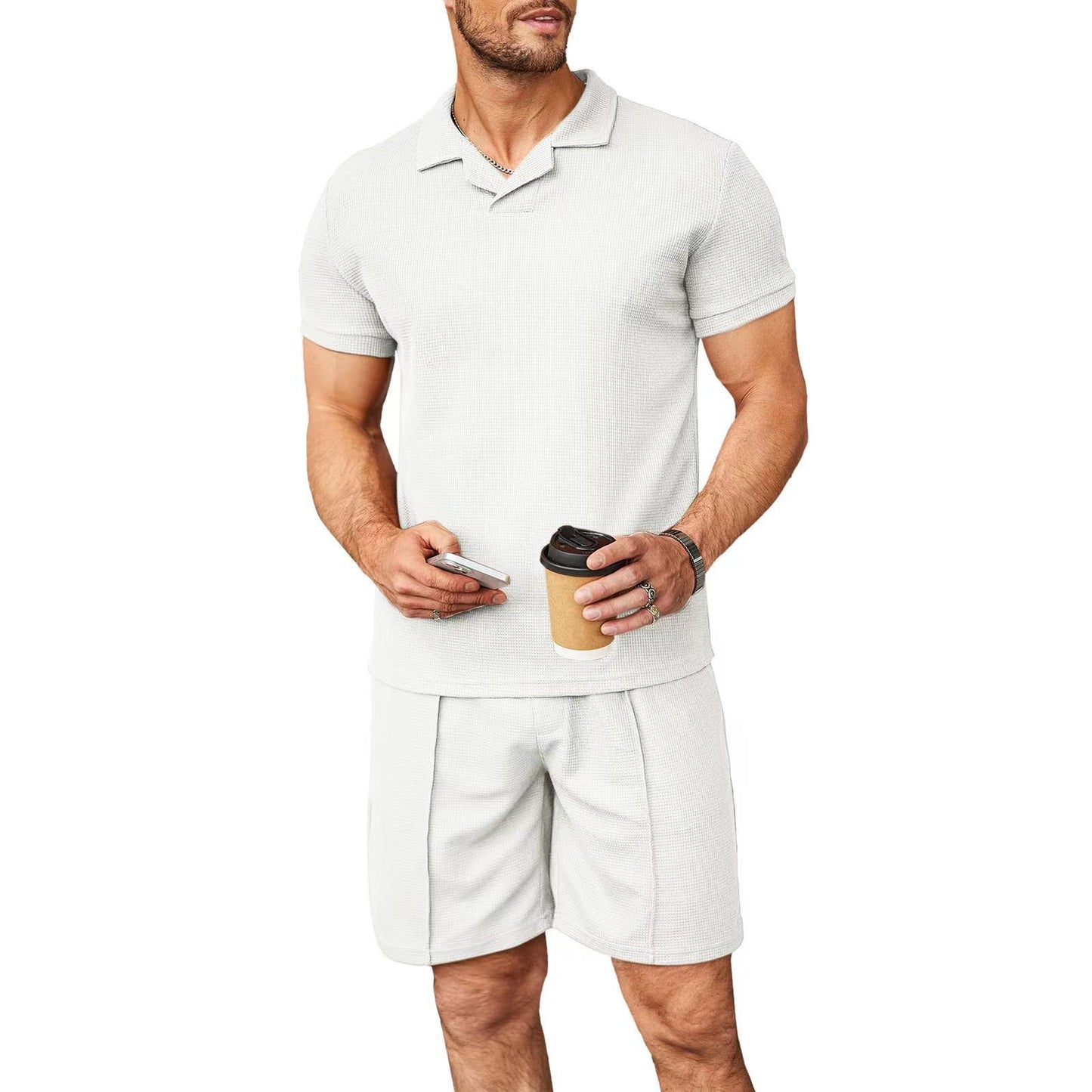 Men's 2pcs Set Polo Short Sleeve Shirt and Shorts Waffle Style