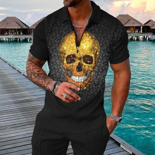 Men's Summer Fashion 3D Printed Short Sleeve Geometric Zip Lapel Shirt Set