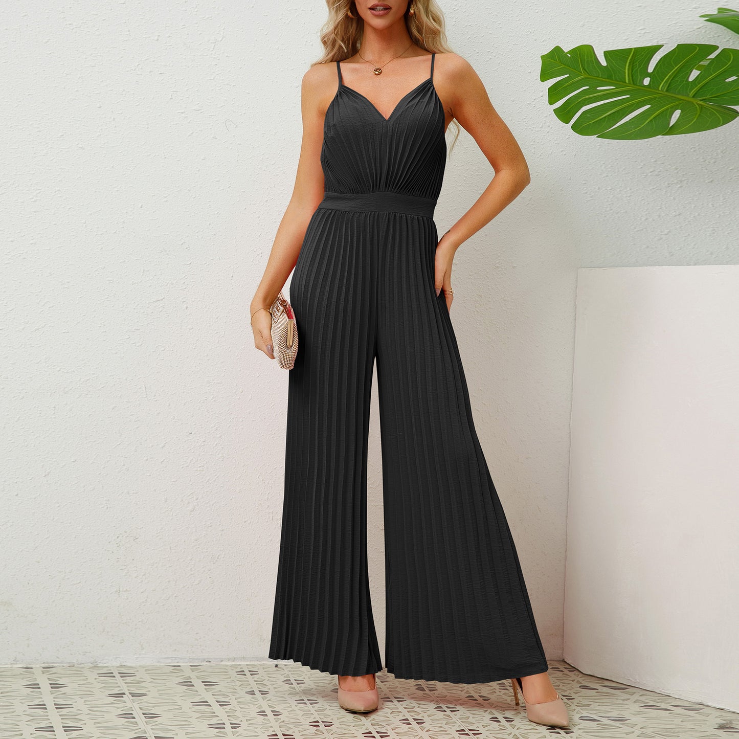 V-neck Suspender Pleated Jumpsuit Solid Color Loose Straight Pants Womens Clothing