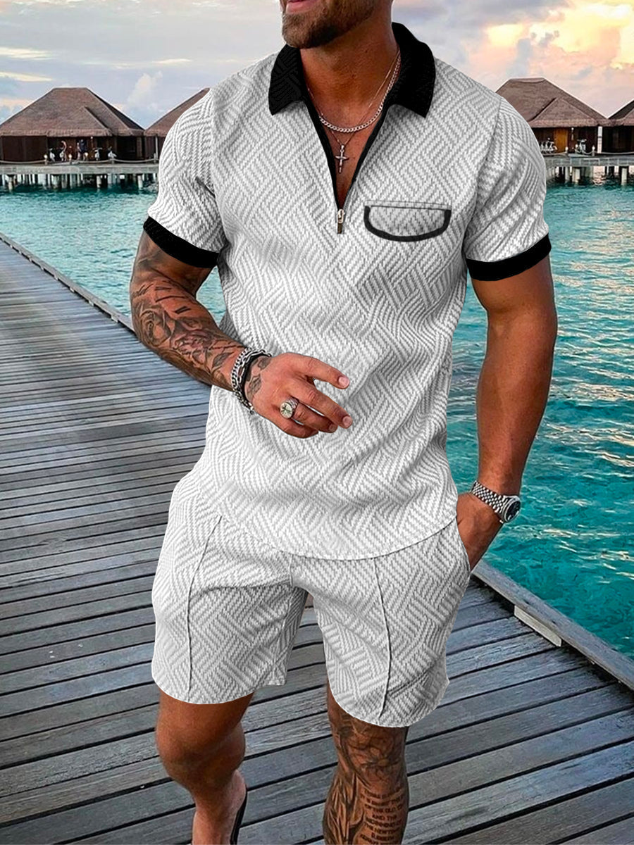 Men's Summer Fashion 3D Printed Short Sleeve Geometric Zip Lapel Shirt Set