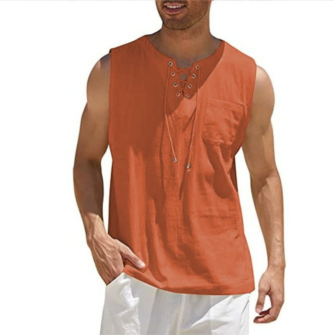 Men's Summer Tank Vest Shirt Collar Tie Short Sleeve T-Shirt