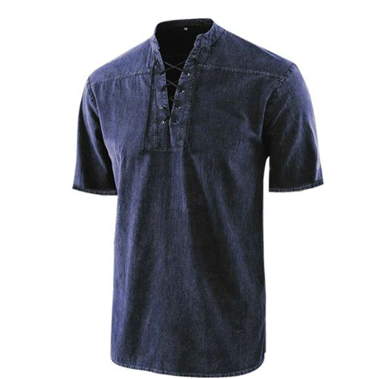 Men's Retro Shirt Tie Collar Short-sleeved Shirt Summer