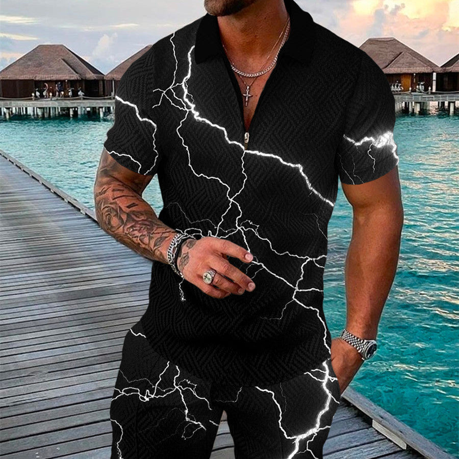 Men's Summer Fashion 3D Printed Short Sleeve Geometric Zip Lapel Shirt Set