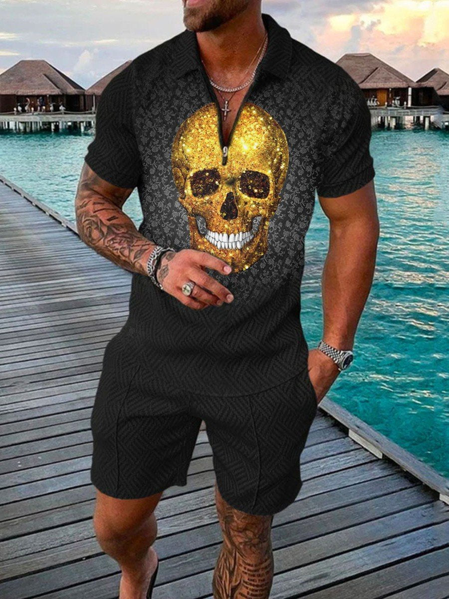 Men's Summer Fashion 3D Printed Short Sleeve Geometric Zip Lapel Shirt Set