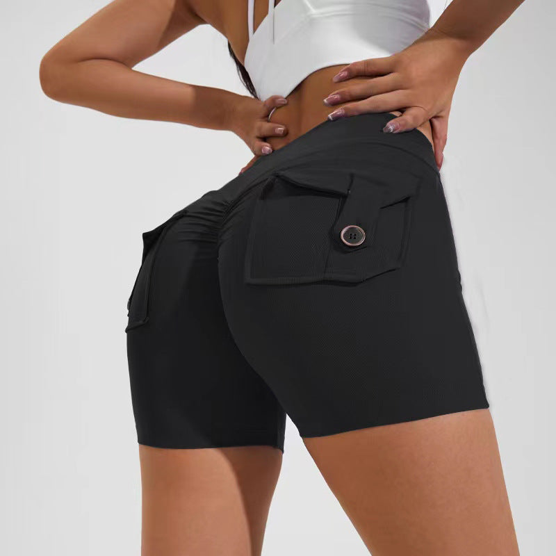 Womens High Waist Hip Lifting Shorts With Pockets Quick Dry Yoga Fitness Sports Pants