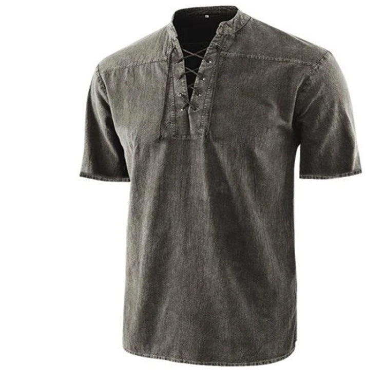 Men's Retro Shirt Tie Collar Short-sleeved Shirt Summer