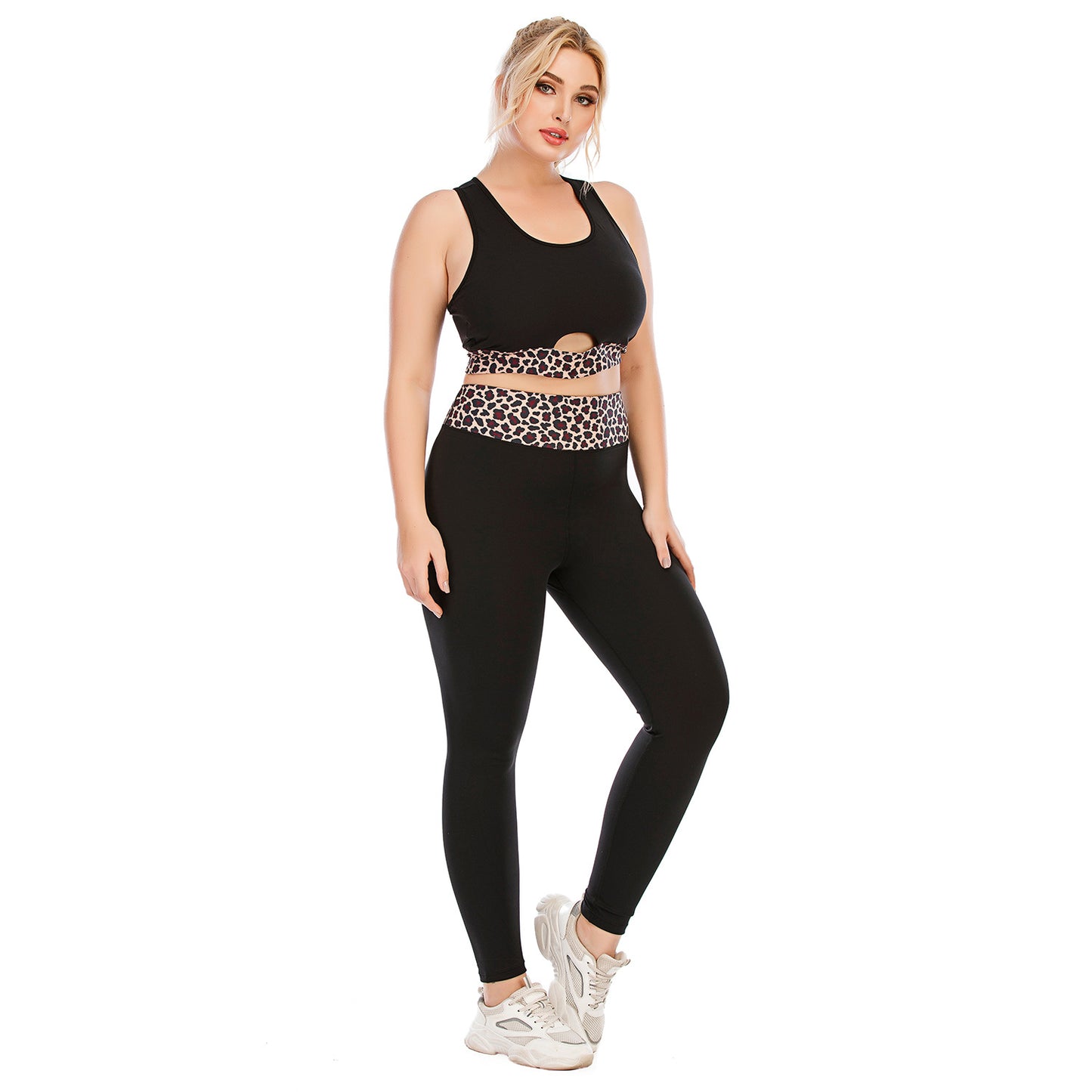 Women's Plus Size Yoga Sports Set With Matching Leopard Pattern Sports Top