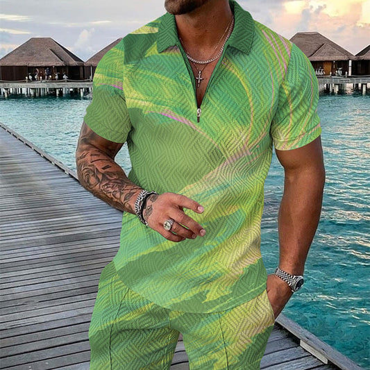 Men's Summer Fashion 3D Printed Short Sleeve Geometric Zip Lapel Shirt Set