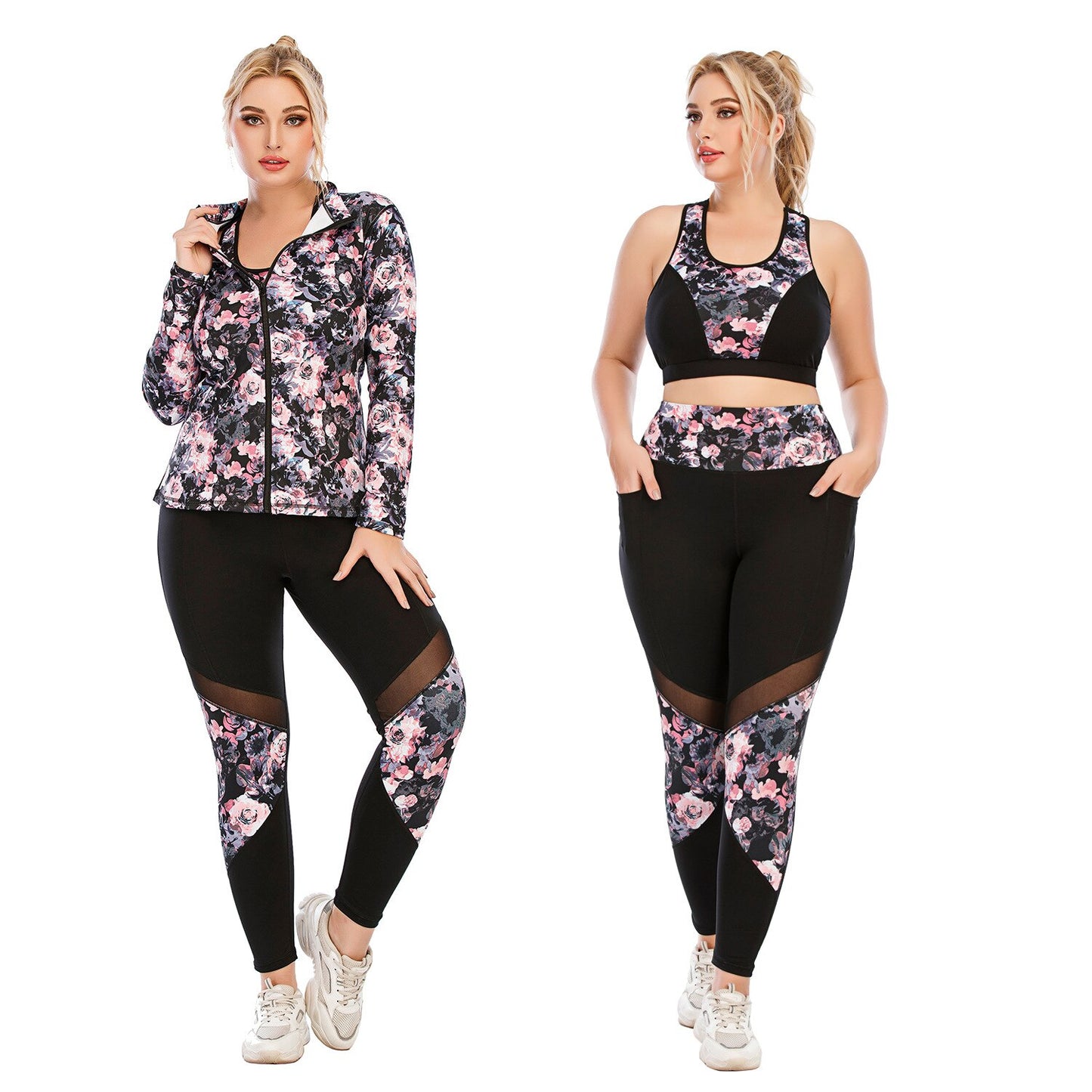 Women's Plus Size Yoga Sports Set With Matching Top And Track Jacket