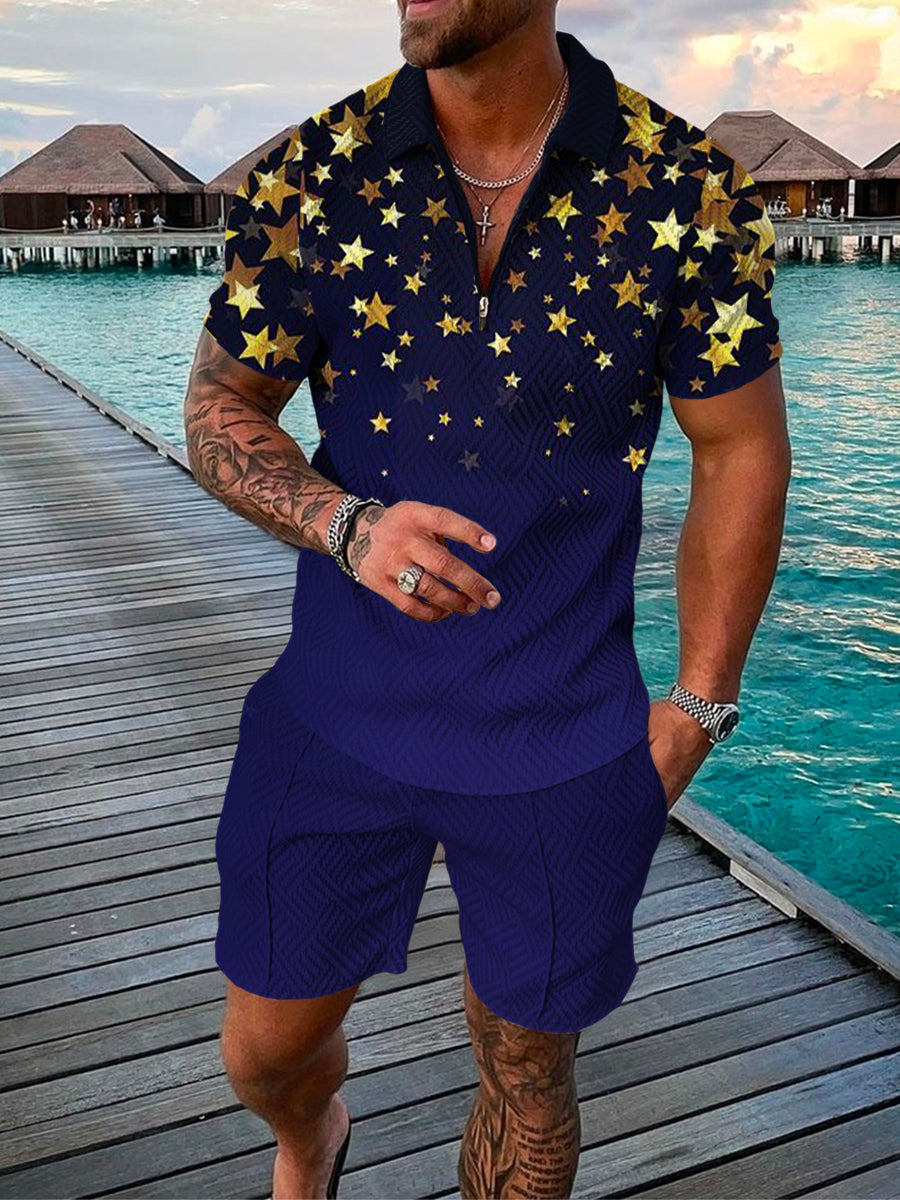 Men's Summer Fashion 3D Printed Short Sleeve Geometric Zip Lapel Shirt Set