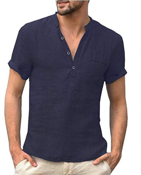 Men's Casual Linen Solid Color Shirt Button V Neck Beach Shirt Summer Tops