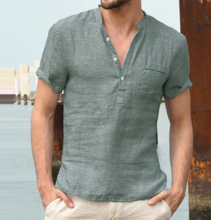 Men's Casual Linen Solid Color Shirt Button V Neck Beach Shirt Summer Tops