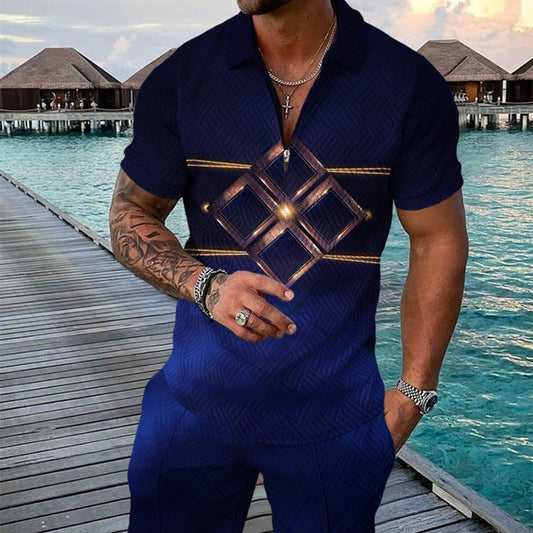 Men's Summer Fashion 3D Printed Short Sleeve Geometric Zip Lapel Shirt Set