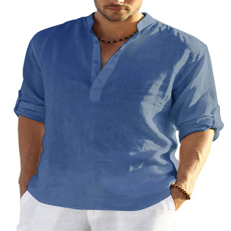 Men's Casual Cotton Long Sleeve Shirt With Stand Collar