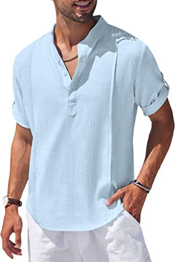 Men's Henley Style Linen Short Sleeve Summer Beach Shirt