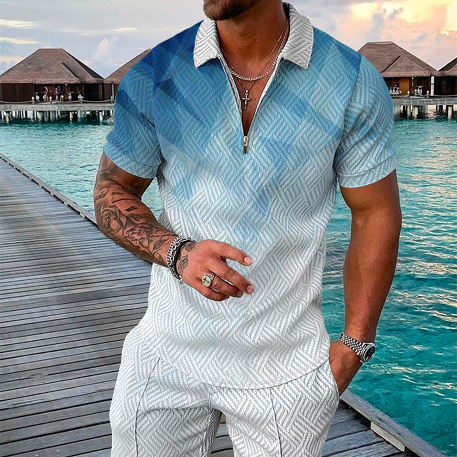 Men's Summer Fashion 3D Printed Short Sleeve Geometric Zip Lapel Shirt Set