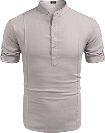 Men's Henley Style Linen Short Sleeve Summer Beach Shirt