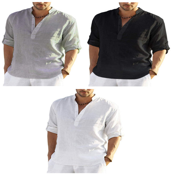 Men's Casual Cotton Long Sleeve Shirt With Stand Collar