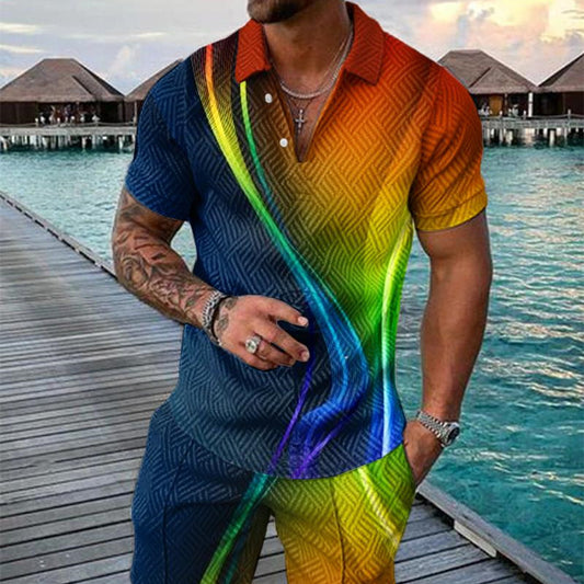 Men's Summer Fashion 3D Printed Short Sleeve Geometric Zip Lapel Shirt Set